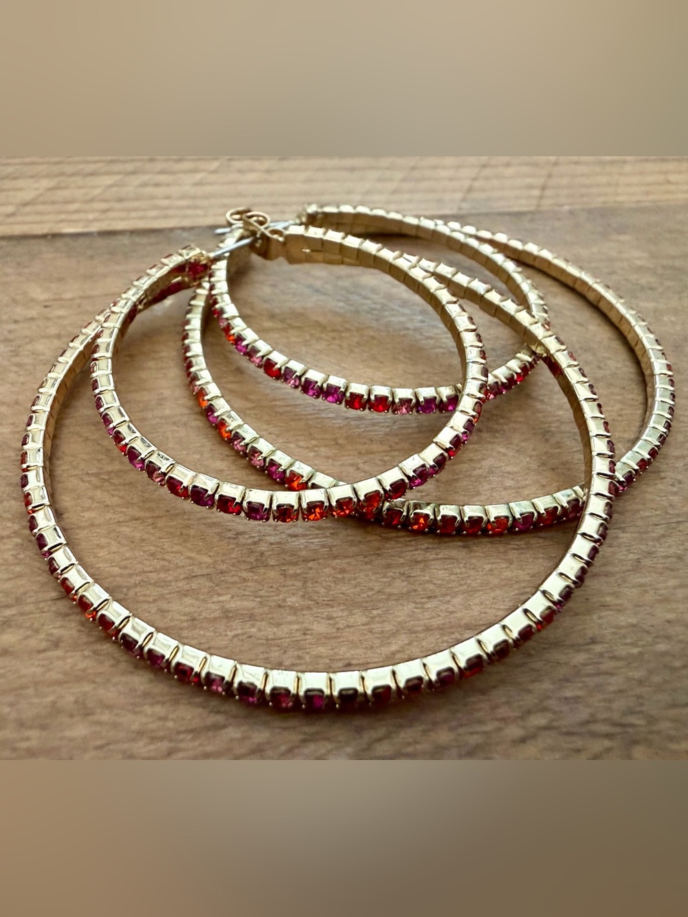 VIBRANT GOLD TONE OMBRE RHINESTONE DOUBLE HOOP EARRINGS